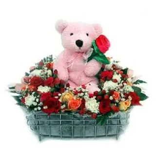 Basket Arrangement of 50 mix colour roses with teddy bear