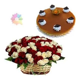 Basket arrangement of 50 red and white red roses with 1 kg butterscotch cake