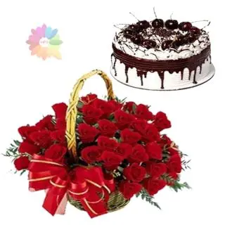Basket arrangement of 40 red roses with 1 pound black forest fresh cream cake 