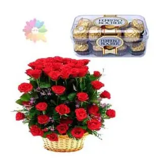 Basket arrangement of 50 red roses with box of 16 pcs rocher ferrero chocolates 