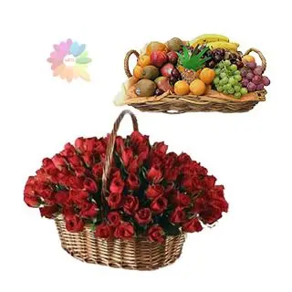 Basket arrangement of 60 red roses with 5 kg seasonal fruits basket