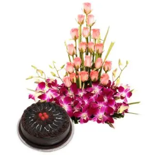 Basket Arrangement Of 6 Orchids With 20 Pink Roses And 1 Pound Chocolate Cake