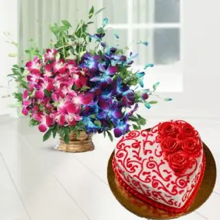 Basket Arrangement of lavender and blue orchids with Designer heart shape red velvet premium quality floral theme cake 