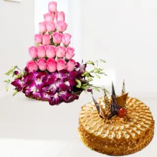 Basket arrangement of purple orchids with pink roses with butterscotch cool cake 