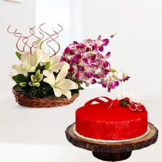 Basket arrangement of purple orchids with white lilies with red velvet cool cake 