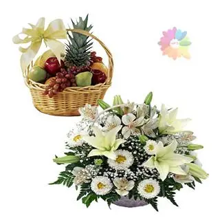 Basket arrangement of white mix flowers with 2 kg seasonal fruit basket