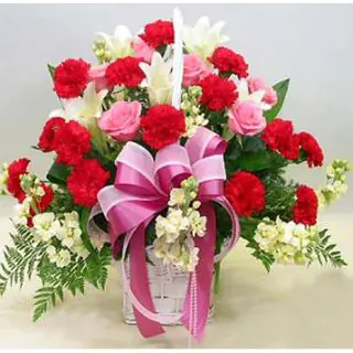 Basket of 10 pink roses with 10 red carnations 