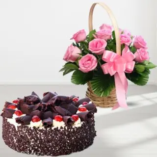 Basket of 12 pink roses with chocolate black forest cake