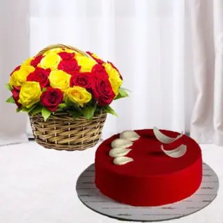 Basket of 15 red and yellow roses basket, Half kg red velvet premium quality cake 