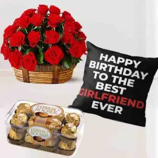 Basket of 15 red roses, 16 pcs ferrero rocher chocolates, wth photo cushion 