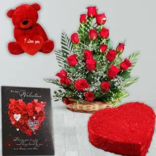 Basket of 15 red roses, 1 feet height red teddybear, valentine card, half kg red velvet cake 