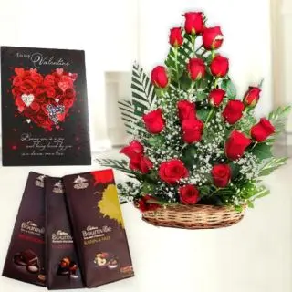 Basket of 15 red roses, 3 bournville chocolates, valentine greeting card 