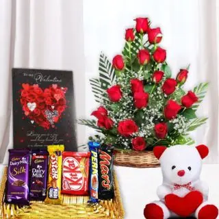 Basket of 15 red roses, 6 inch white teddybear, valentine day card, basket of assorted chocolates 
