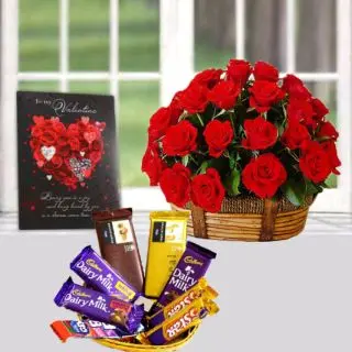 Basket of 15 red roses, basket of assorted chocolates, valentine greeting card 