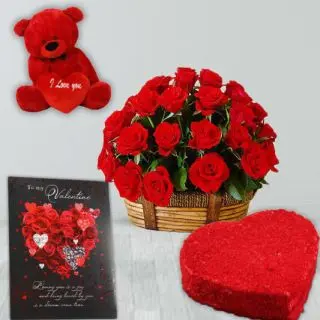 Basket of 15 red roses, Half kg red velvet heart shape cake, 6 inch height red roses, valentine greeting card 