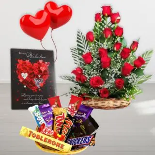 Basket of 15  red roses with valentine day greeting card , two heart shape balloons , and basket of assorted chocolates