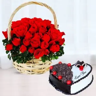 Basket of 25 red roses with heart shape black forest cool cake 