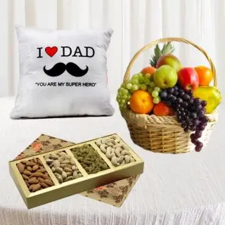 Basket of 2 kg assorted fruits, box of 250 grams nuts with photo cushion  