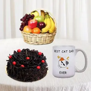Basket of 2 kg assorted fruits, half kg chocolate fantasy cake with photo mug 