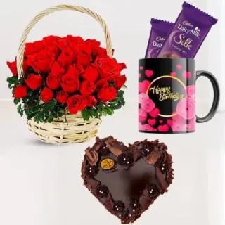 Basket of 30 red roses , 1 kg heart shape chocolate cake, pair of 2 dairy milk silk in photo mug 
