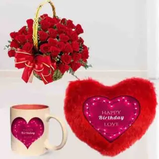 Basket of 30 red roses , photo cushion with photo mug  