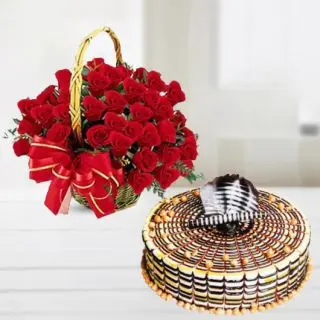 Basket of 30 red roses with premium quality butterscotch cake 