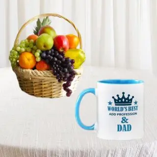 Basket of 3 kg assorted seasonal fruits with photo mug 