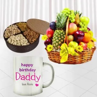 Basket of 3 kg seasonal assorted fruits basket, photo mug with box of half kg assorted nuts 