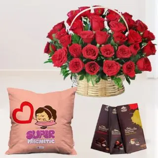 Basket of 40 red roses, photo cushion with set of 3 bournville chocolates 