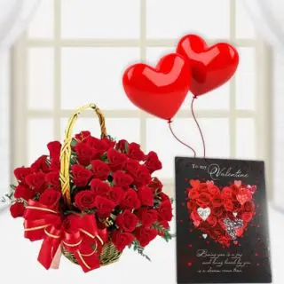 Basket of 40 red roses with valentine day card with with pair of heart shape balloons 