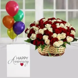 Basket of 50 red and white roses, anniversary card , 5 blown balloons 
