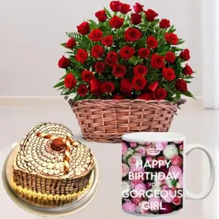 Basket of 50 red roses, Half kg heart shape butterscotch cake with photo mug 