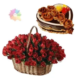 Basket of 60 red roses with 1 kg heart shape chocolate cake with exotic fruits topping 