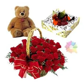 basket of 100 red roses with 3 feet height teddy bear & pineapple fresh cream premium quality cake
