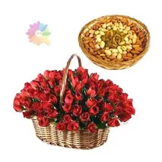 Basket of 50 red roses with basket of assorted dryfruits