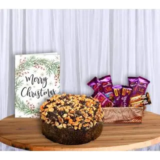 Basket of 7 dairymilk silk with 2 Five star chocolates, dryfruit cake, Christmas greeting card