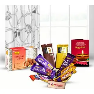Basket of Assorted Chocolates , Dry fruit laddoo with Diwali Card