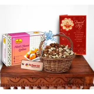 Basket of Assorted Dry fruits, Box of Motichoor Laddoo, Diwali greeting Card
