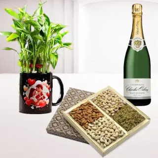 Basket of half kg assorted dry fruits, 2 layer lucky bamboo arranged in photo mug, with bottle of champagne 