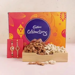 Basket of half kg cashew almond , set of 2 rakhis with box of celebration chocolates 