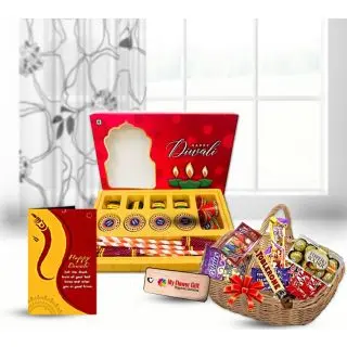 Basket of Premium assorted chocolates, Gift box of Diwali crackers with Diwali greeting card 