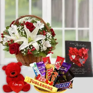 basket of red roses with white lilies, 6 inch red teddy bear, valentine day card with basket of assorted chocolates 