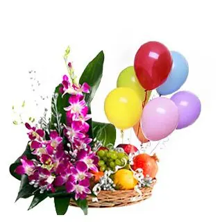Beautiful Arrangement of orchids with 3 kg seasonal fruits and set of 6 pcs of full blown balloons