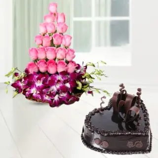 Beautiful Basket Arrangement of lavender orchids with pink roses with chocolate heart shape cake 