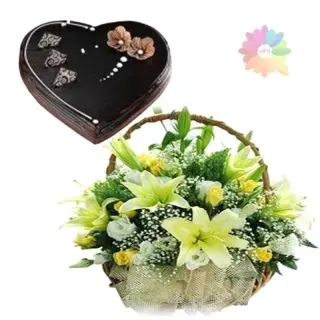 Beautiful basket arrangement of lilies & roses with 1 kg chocolate truffle cake
