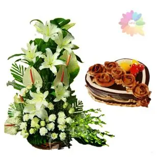 Beautiful Basket arrangement of white lilies & roses with 1 kg heart shape chocolate cake
