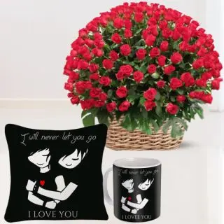 Beautiful Basket of 100 red roses , photo cushion with photo mug  