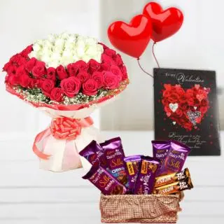 Beautiful Big 100 red and white roses  with basket of silk cadburies&5star chocolates, greeting card and 2 heart shape balloons 