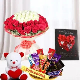 Beautiful Big bunch of 100 red and white roses, basket of assorted chocolates, 6 inch white teddy bear with valentine card 