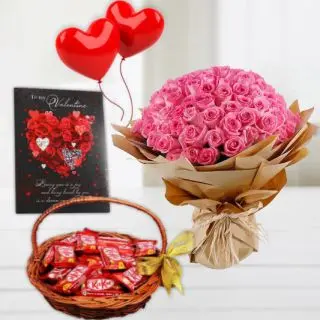 Beautiful big Bunch of 50 pink roses , basket of kitkat chocolates, 2 heart shape balloons with valentine greeting card 